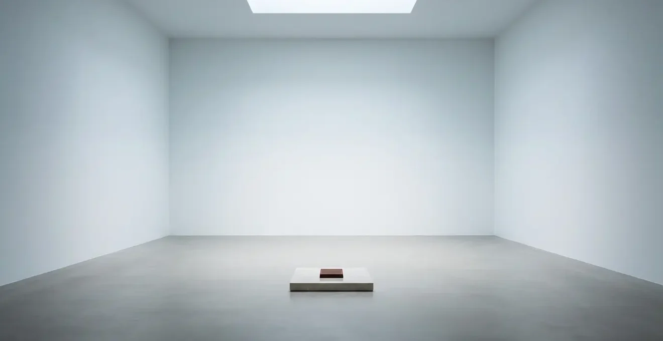 Minimalist tasting space with a single piece of dark chocolate in perfect silence