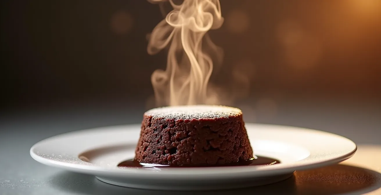 Single chocolate lava cake with delicate steam wisps rising, golden hour lighting