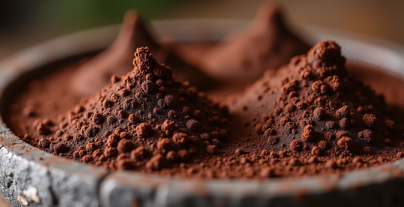 A close-up showing the rustic, granular texture of stone-ground chocolate on a traditional metate.