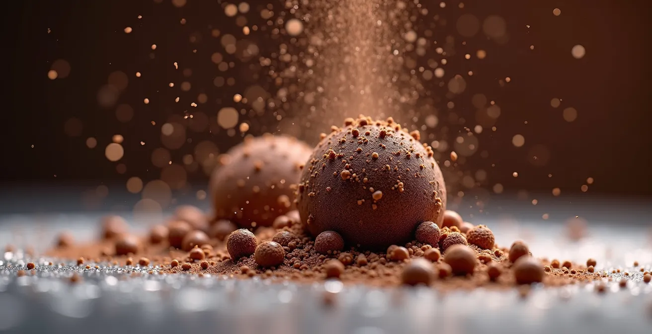 Macro shot of chocolate spray crystallizing on frozen dessert surface showing velvet texture formation