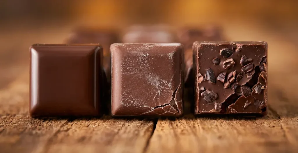 Three chocolate squares arranged for comparative tasting with subtle differences in color and texture Three chocolate squares arranged for comparative tasting with subtle differences in color and texture